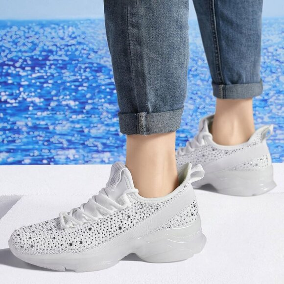 🆕 Women's Rhinestone Mesh Slip Walking Shoes Breathable Glitter Sneaker White - Picture 6 of 9